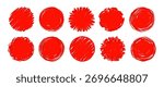 Red circle marker set. Circle frame design in red crayon brush lines and ink marks. Marker strokes with hand drawn doodle style create dynamic splash and paper drip. Vector illustration