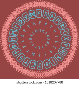 Red circle of old Norse runes. Runic alphabet, Futhark. Ancient occult Viking characters letters, rune font. Vector illustration, EPS 10. Old Norse writing.
