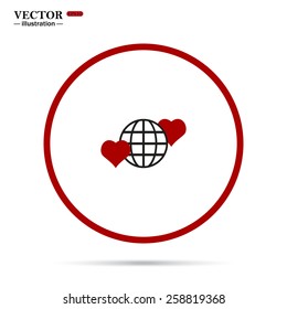 The red circle on a white background with shadow.  Icon planet and two red hearts. Symbol of love between the nation. Globe.  vector illustration, EPS 10 