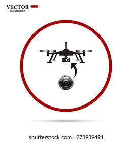 The red circle on a white background with shadow. Quadrocopter. icon. vector design