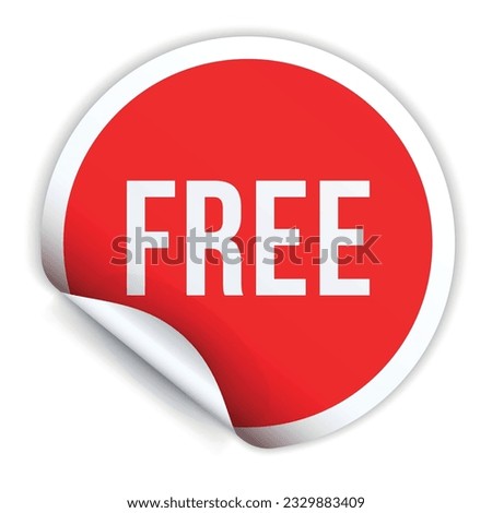 Red circle peel off sticker free special offer message sign sale badge mockup adhesive paper realistic vector illustration. Discount shopping marketing campaign tag clearance round emblem template