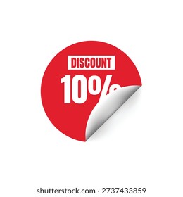 Red Circle Peeling Sticker with 10 Percent Discount Offer Isolated on White Background