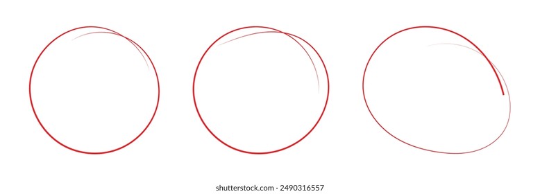 Red circle pen draw. Drawn pen line oval set. Hand drawn marker stroke style doodle oval frame. Scribble round frame for text highlight. Vector illustration set. Eps 10.