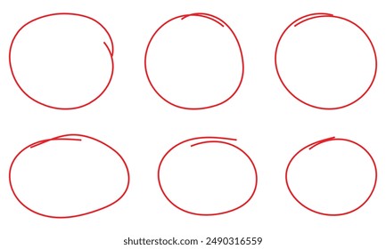 Red circle pen draw. Drawn pen line oval set. Hand drawn marker stroke style doodle oval frame. Scribble round frame for text highlight. Vector illustration set. Eps 10.