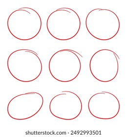 Red circle pen draw. Highlight hand drawn circle isolated on white background. Handwritten red circle. For marker pen, pencil, logo and text check. Red circle. Eps 10.