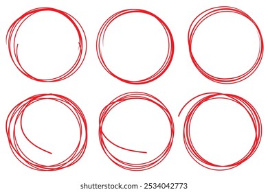 Red circle, pen draw. Highlight hand drawing different circles isolated on background. Handwritten red circle. For marking text, numbers, marker pen, pencil, logo and text check, vector illustration