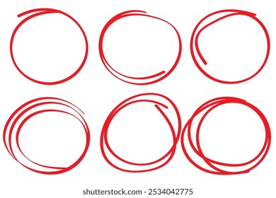 Red circle, pen draw. Highlight hand drawing different circles isolated on background. Handwritten red circle. For marking text, numbers, marker pen, pencil, logo and text check, vector illustration