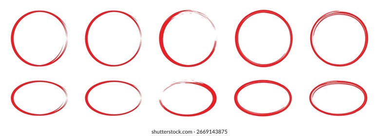 Red circle, pen draw. Highlight hand drawing different circles isolated on white background. Bright red scribble ovals and bubbles to circle. Hand drawn circle line. Doodle element vector illustration