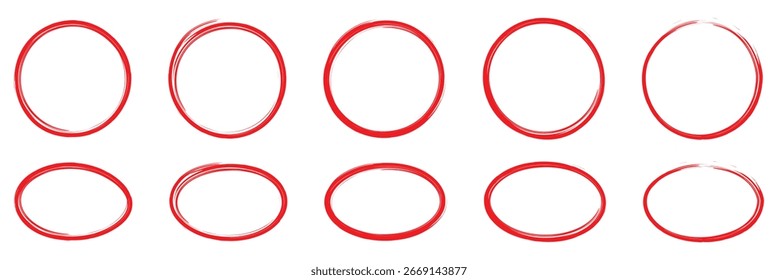 Círculo rojo, dibujo a pluma. Resalte el dibujo a mano de diferentes círculos aislados sobre fondo blanco. Ovalos y burbujas de garabato rojo brillante para rodear. Línea circular dibujada a mano. Ilustración vectorial de elementos Doodle