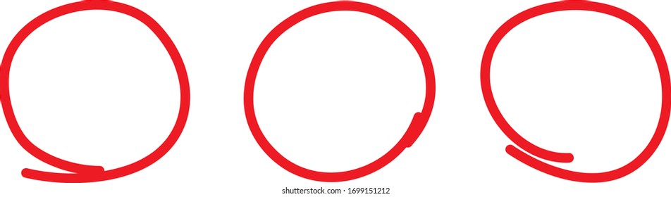 Red circle pen draw set. Highlight hand drawn circle isolated on white background. Handwritten red circle. For marker pen, pencil, logo and text check. Vector illustration