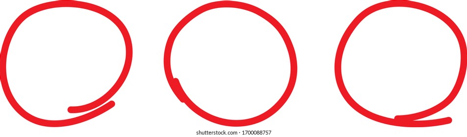 Red circle pen draw set. Highlight hand drawn circle isolated on white background. Handwritten red circle. For marker pen, pencil, logo and text check. Vector illustration