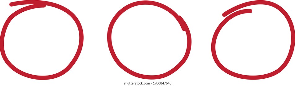 Red Circle Pen Draw Set. Highlight Hand Drawn Circle Isolated On White Background. Handwritten Red Circle. For Marker Pen, Pencil, Logo And Text Check. Vector Illustration