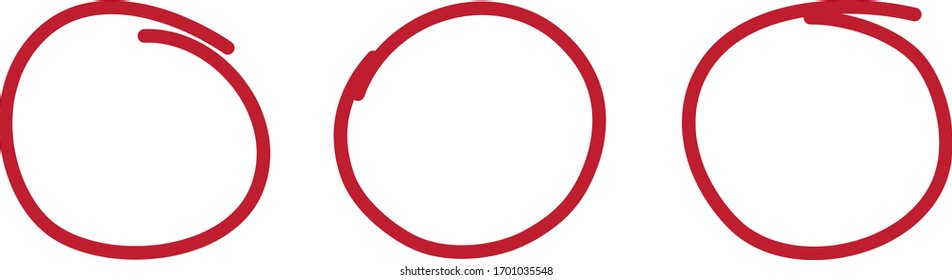 Red circle pen draw set. Highlight hand drawn circle isolated on white background. Handwritten red circle. For marker pen, pencil, logo and text check. Vector illustration