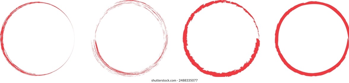 Conjunto de dibujo de lápiz de círculo rojo. Colección de diferentes círculos rojos. Resaltar círculo dibujado a mano aislado sobre fondo blanco. Dibujado a mano para marcador, lápiz, logotipo y texto. Ilustración vectorial.