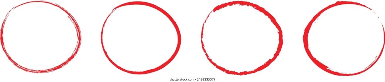 Red circle pen draw set. Collection of different red circles. Highlight hand drawn circle isolated on white background. Hand drawn for marker pen, pencil, logo and text check. Vector illustration.