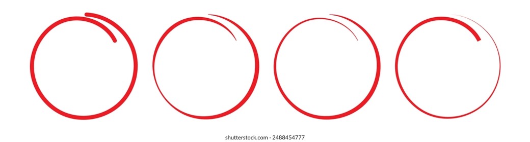 Red circle pen draw set. Hand drawing red circle isolated on white background. Hand draw circle for marking text, note, mark icon, number, marker pen, pencil and text check, vector illustration. 