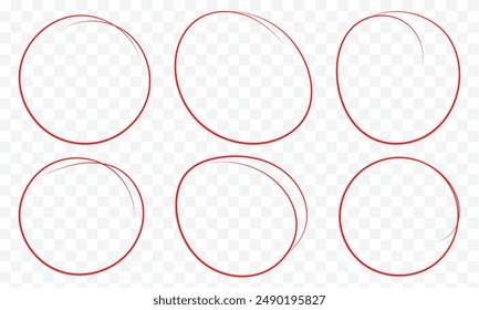 Red circle pen draw. Red circle set, pen draw. Highlight hand drawing circle isolated on background. Handwritten red circle. Eps 10