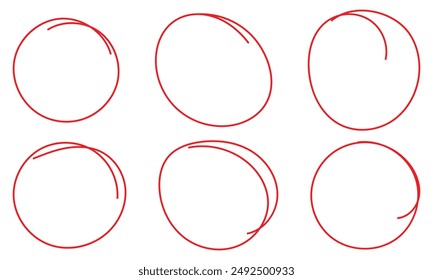 Red circle pen draw. Red circle set, pen draw. Highlight hand drawing circle on isolated background. Handwritten red circle. For marking text, numbers, marker pen, pencil, logo and text check. Eps 10.