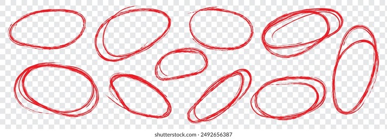 Red circle, pen draw set. Highlight hand drawn circle isolated on background. Handwritten red circle. For marker pen, pencil, logo and text check. Circle vector illustration