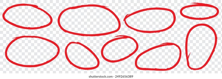 Círculo rojo, conjunto de dibujo a lápiz. Resalte el círculo dibujado a mano aislado en el fondo. Círculo rojo escrito a mano. Para el marcador de lápiz, lápiz, logotipo y verificación de texto. Ilustración vectorial de círculo