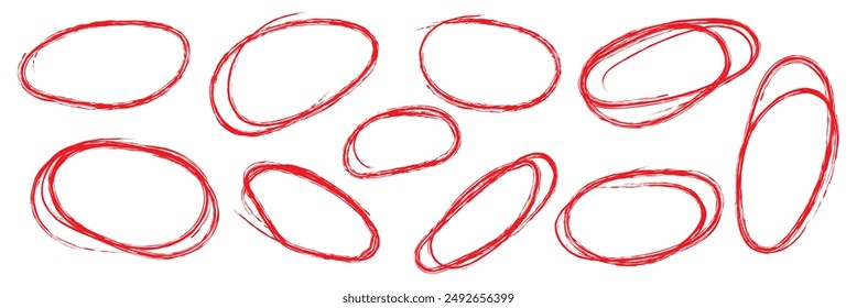 Círculo rojo, conjunto de dibujo a lápiz. Resalte el círculo dibujado a mano aislado en el fondo. Círculo rojo escrito a mano. Para el marcador de lápiz, lápiz, logotipo y verificación de texto. Ilustración vectorial de círculo