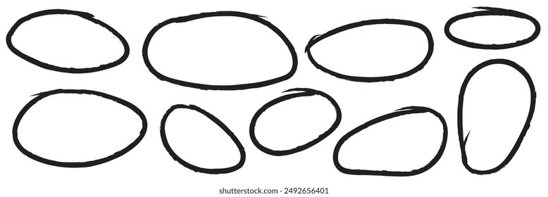 Red circle, pen draw set. Highlight hand drawn circle isolated on background. Handwritten red circle. For marker pen, pencil, logo and text check. Circle vector illustration
