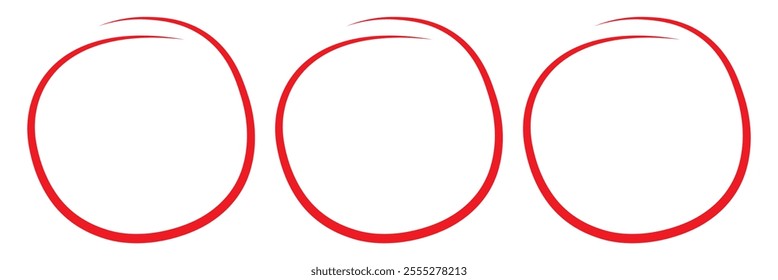 Red circle pen draw. Red circle set, pen draw. Highlight hand drawing circle on isolated background. Handwritten red circle.  design 