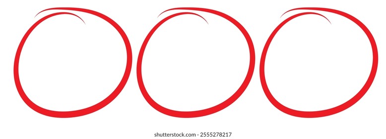 Red circle pen draw. Red circle set, pen draw. Highlight hand drawing circle on isolated background. Handwritten red circle.  design 