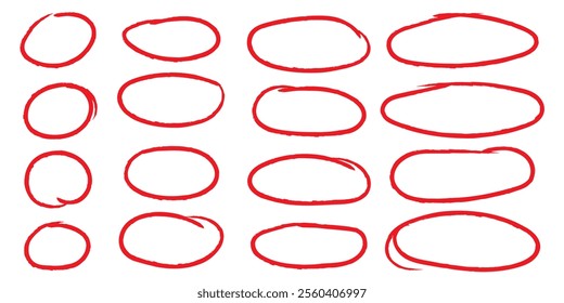 Red circle, pen draw set. Highlight hand drawn circle isolated on background. Handwritten red circle. For marker pen, pencil, logo and text check. Circle vector illustration