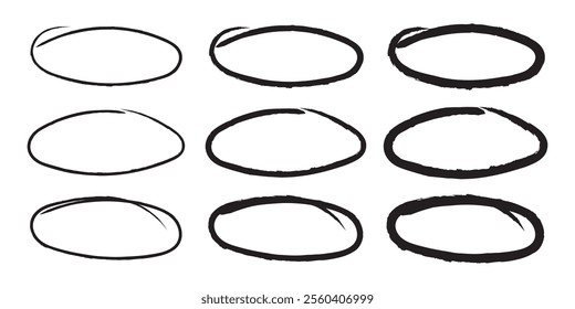 Red circle, pen draw set. Highlight hand drawn circle isolated on background. Handwritten red circle. For marker pen, pencil, logo and text check. Circle vector illustration