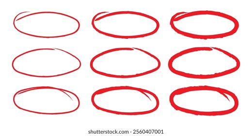 Red circle, pen draw set. Highlight hand drawn circle isolated on background. Handwritten red circle. For marker pen, pencil, logo and text check. Circle vector illustration