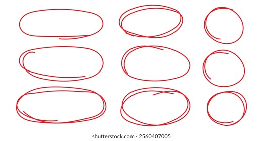 Red circle, pen draw set. Highlight hand drawn circle isolated on background. Handwritten red circle. For marker pen, pencil, logo and text check. Circle vector illustration