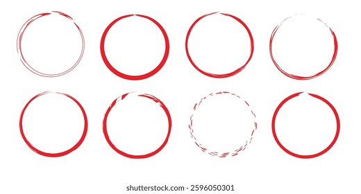 Red circle pen draw set. Collection of different red circles. Highlight hand drawn circle isolated on white background. Hand drawn for marker pen, pencil, logo and text check. Vector illustration.
