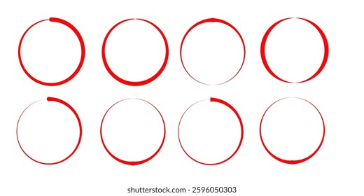 Red circle pen draw set. Collection of different red circles. Highlight hand drawn circle isolated on white background. Hand drawn for marker pen, pencil, logo and text check. Vector illustration.