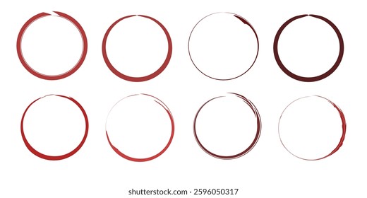 Red circle pen draw set. Collection of different red circles. Highlight hand drawn circle isolated on white background. Hand drawn for marker pen, pencil, logo and text check. Vector illustration.
