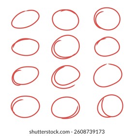 Red circle pen draw set. Highlight circle isolated on white background. Vector illustration