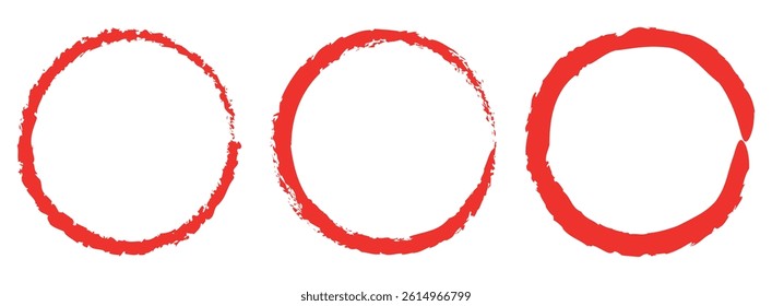 Red circle pen draw set. Collection of different red circles. Highlight hand drawn circle isolated on white background. Hand drawn for marker pen, pencil, logo and text check. Vector illustration.