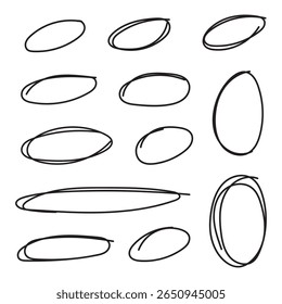 Red circle pen draw set. Collection of different red circles. Highlight hand drawn circle isolated on white background. Hand drawn for marker pen, pencil, logo and text check. Vector illustration. 888