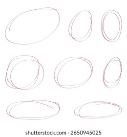 Red circle pen draw set. Collection of different red circles. Highlight hand drawn circle isolated on white background. Hand drawn for marker pen, pencil, logo and text check. Vector illustration. 888