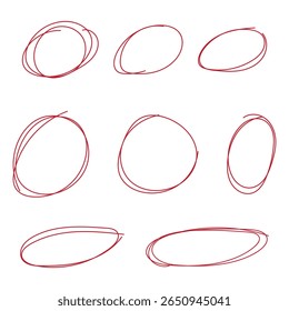 Conjunto de dibujo de pluma de círculo rojo. Colección de diferentes círculos rojos. Resaltar círculo dibujado a mano aislado sobre fondo blanco. Dibujado a mano para rotulador, lápiz, logotipo y verificación de texto. Ilustración vectorial. 888