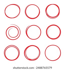 Red circle pen draw sketch set for marking text, number. Red color round shape icon. EPS 10