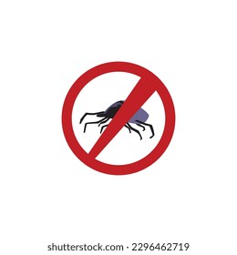 Red circle prohibition sign over tick or mite, flat vector illustration isolated on white background. Pest control service icon. Ban red sign. Dangerous insect extermination.