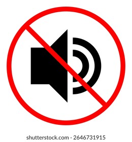 Red circle prohibition sign over a speaker icon, clearly indicating no sound or mute. Universal symbol is perfect for user interfaces, mobile apps, and designs requiring quiet mode representation