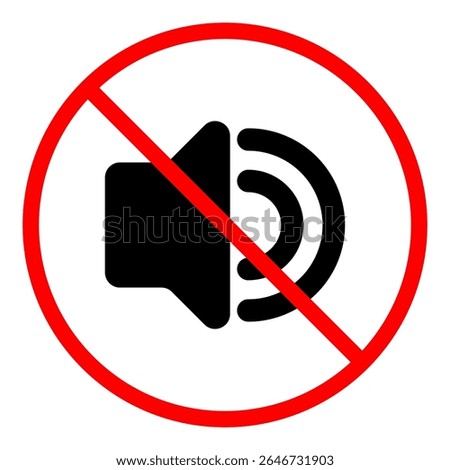 Red circle prohibition sign over a speaker with curved sound waves, signifying no sound or mute mode. Ideal for modern user interfaces, apps, and digital designs requiring clear volume control