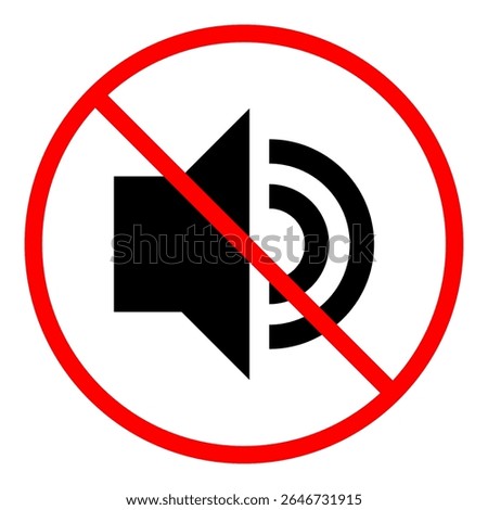 Red circle prohibition sign over a speaker icon, clearly indicating no sound or mute. Universal symbol is perfect for user interfaces, mobile apps, and designs requiring quiet mode representation