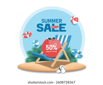 Red circle promotion sign with 50% off is placed on beach chair or deck chair and all place on a pile of sand or an island in the middle of sea, vector 3d illustration for summer sale promotion