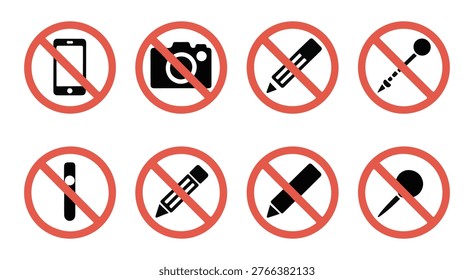 Red circle restriction symbols indicating forbidden electronic devices photography writing tools and needles in area.