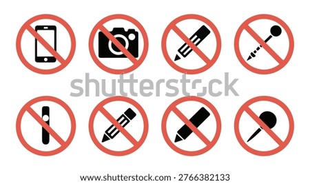 Red circle restriction symbols indicating forbidden electronic devices photography writing tools and needles in area.