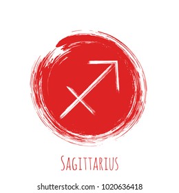 Red circle Sagittarius horoscope icon, round hand painted zodiac vector sign. Astrological icon isolated. Sagittarius astrology horoscope symbol clip art on white background.