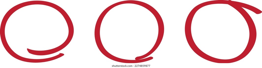 Red circle set, pen draw. Highlight hand drawing circle isolated on background. Handwritten red circle. For marking text, numbers, marker pen, pencil, logo and text check, vector illustration